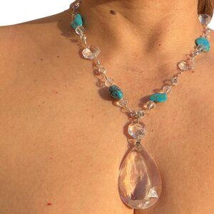Rescued Chandelier Crystals & Turquoise Necklace - Silver Plated & Hand Wrapped